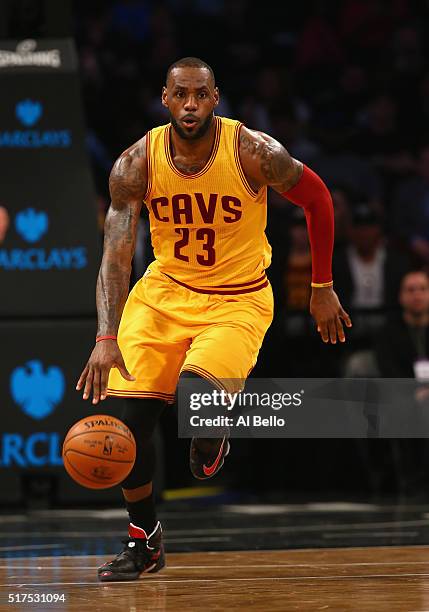 LeBron James of the Cleveland Cavaliers in action against the Brooklyn Nets during their game at the Barclays Center on March 24, 2016 in New York...
