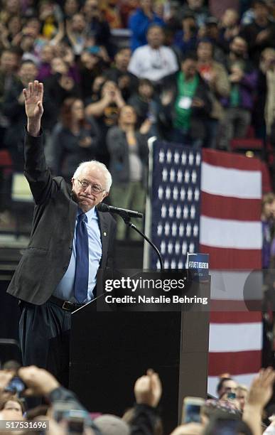 Senator Bernie Sanders takes the stage at a rally March 25, 2016 in Portland, Oregon. Sanders spoke to a crowd of more than eleven thousand about a...