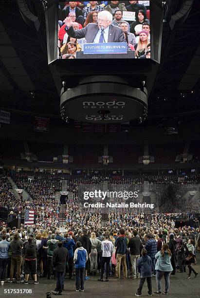 Senator Bernie Sanders speaks at a rally March 25, 2016 in Portland, Oregon. Sanders spoke to a crowd of more than eleven thousand about a wide range...