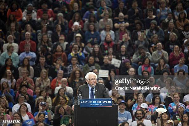 Senator Bernie Sanders smiles as he talks at a rally March 25, 2016 in Portland, Oregon. Sanders spoke to a crowd of more than eleven thousand about...