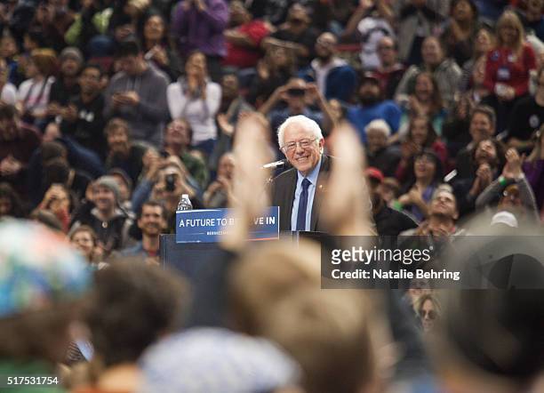 Senator Bernie Sanders speaks at a rally March 25, 2016 in Portland, Oregon. Sanders spoke to a crowd of more than eleven thousand about a wide range...