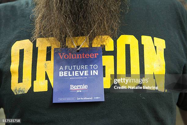 Volunteer wears an Oregon shirt at a Bernie Sanders rally March 25, 2016 in Portland, Oregon. Sanders spoke to a crowd of more than eleven thousand...