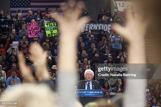 Senator Bernie Sanders speaks at a rally March 25, 2016 in Portland, Oregon. Sanders spoke to a crowd of more than eleven thousand about a wide range...