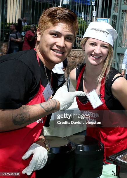 Actor Johnny Ortiz and actress Sky Van Vliet attend the Los Angeles Mission's Easter Celebration Of New Life at Los Angeles Mission on March 25, 2016...