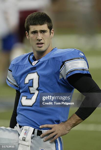 Quarterback Joey Harrington of the Detroit Lions warms-up for the game against the Washington Redskins at Ford Field on November 7, 2004 in Detroit,...