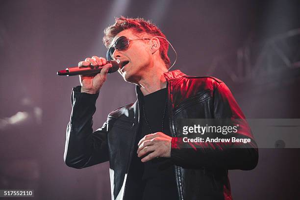 Morten Harket of A-ha performs on stage at Manchester Arena on March 25, 2016 in Manchester, England.