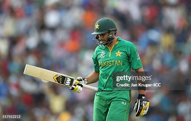 Shahid Afridi, Captain of Pakistan makes his way back to the dugout during the ICC World Twenty20 India 2016 Super 10s Group 2 match between Pakistan...