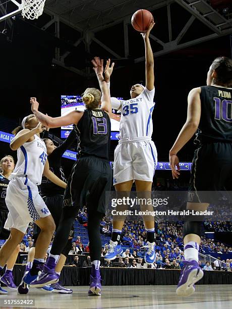 Alexis Jennings with a basket inside against Washington in the third round of the NCAA Tournament on Friday, March 25 at Rupp Arena in Lexington, Ky.