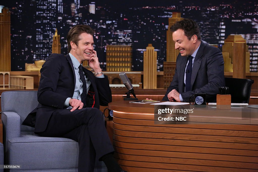 Jimmy Fallon Roles Actor Timothy Olyphant during an interview with host Jimmy Fallon on ...