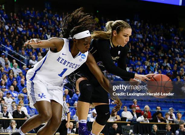 Kentucky's Batouly Camara battles for a loose ball with Washington's Alexus Atchley in the third round of the NCAA Tournament on Friday, March 25 at...