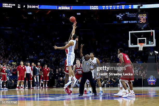 Brice Johnson of the North Carolina Tar Heels jumps for the ball against the Indiana Hoosiers to start first half during the 2016 NCAA Men's...