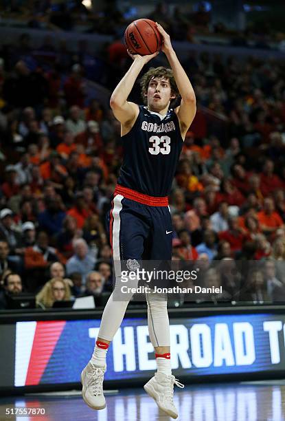Kyle Wiltjer of the Gonzaga Bulldogs shoots for three in the first half against the Syracuse Orange during the 2016 NCAA Men's Basketball Tournament...
