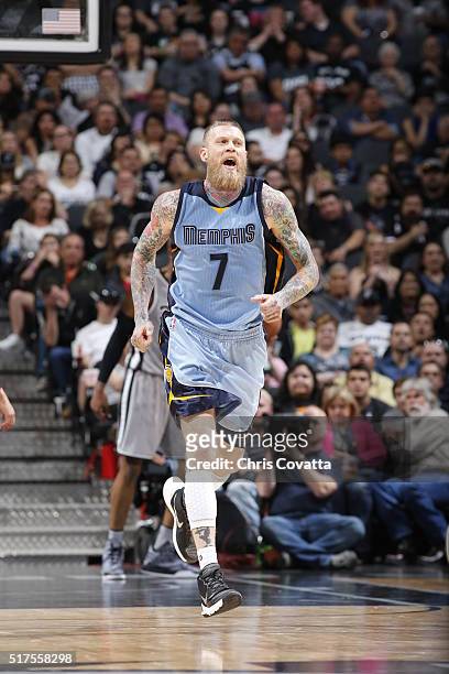 Chris Andersen of the Memphis Grizzlies is seen against the Memphis Grizzlies on March 25, 2016 at the AT&T Center in San Antonio, Texas. NOTE TO...