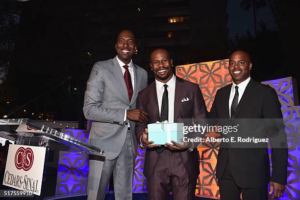 Former NBA player John Salley, honoree Von Miller and TV personality Kevin Frazier attend the Cedars-Sinai Sports Spectacular at W Los Angeles  West...