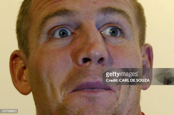 Newly appointed England Rugby Union Captain Mike Tindall talks to the media 17 November, 2004 at a press conference at a hotel in Bagshot, ahead of...