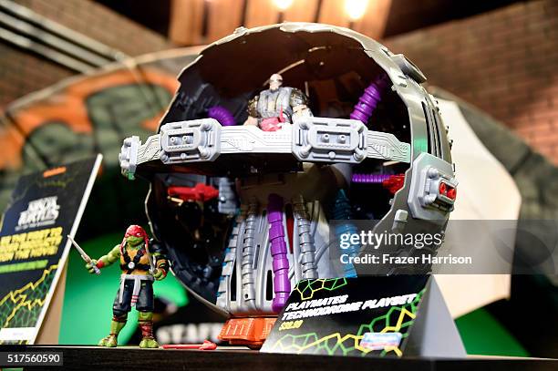 Displays are shown during an autograph signing at WonderCon 2016 to promote the upcoming release of Paramount Pictures' Teenage Mutant Ninja Turtles...