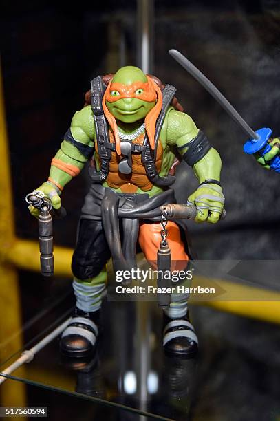 Displays are shown during an autograph signing at WonderCon 2016 to promote the upcoming release of Paramount Pictures' Teenage Mutant Ninja Turtles...