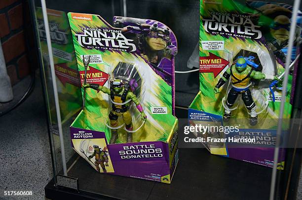 Displays are shown during an autograph signing at WonderCon 2016 to promote the upcoming release of Paramount Pictures' Teenage Mutant Ninja Turtles...