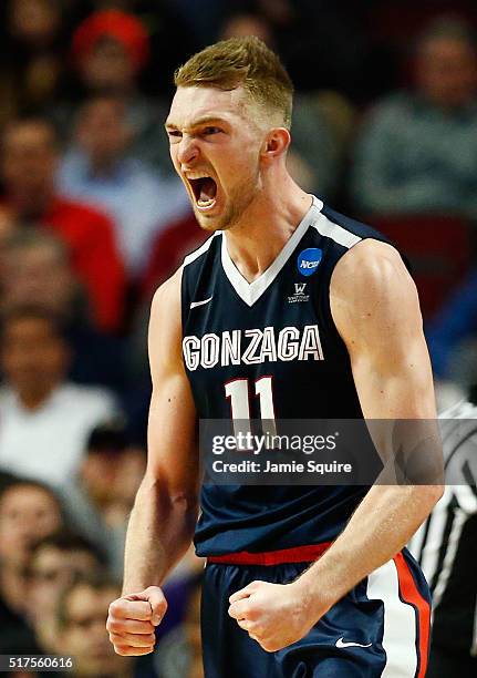 Domantas Sabonis of the Gonzaga Bulldogs reacts in the second half against the Syracuse Orange during the 2016 NCAA Men's Basketball Tournament...