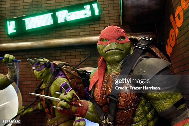 Displays are shown during an autograph signing at WonderCon 2016 to promote the upcoming release of Paramount Pictures' Teenage Mutant Ninja Turtles...