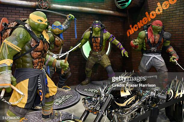Displays are shown during an autograph signing at WonderCon 2016 to promote the upcoming release of Paramount Pictures' Teenage Mutant Ninja Turtles...