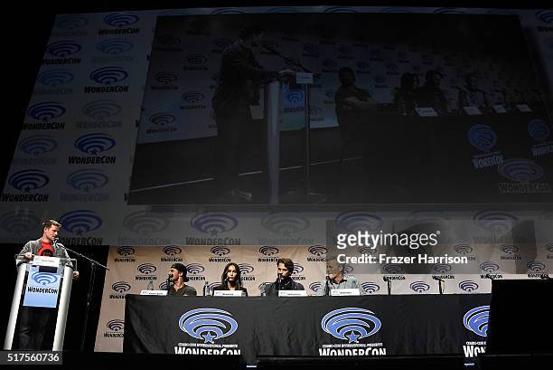Actors Stephen Amell, Megan Fox, producers Andrew Form and Brad Fuller attend a panel at WonderCon 2016 to promote the upcoming release of Paramount...