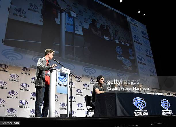 Moderator Kevin Polowy, actors Stephen Amell, Megan Fox, producers Andrew Form and Brad Fuller attend a panel at WonderCon 2016 to promote the...