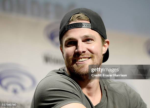 Actor Stephen Amell attends a panel at WonderCon 2016 to promote the upcoming release of Paramount Pictures' Teenage Mutant Ninja Turtles  Out of...