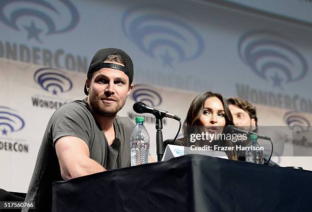 Actor Stephen Amell and Megan Fox attend a panel at WonderCon 2016 to promote the upcoming release of Paramount Pictures' Teenage Mutant Ninja...