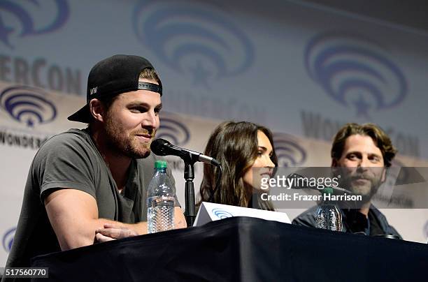 Actors Stephen Amell, Megan Fox and producer Andrew Form attend a panel at WonderCon 2016 to promote the upcoming release of Paramount Pictures'...