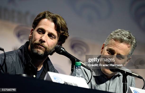 Actors Producers Andrew Form and Brad Fuller attend a panel at WonderCon 2016 to promote the upcoming release of Paramount Pictures' Teenage Mutant...