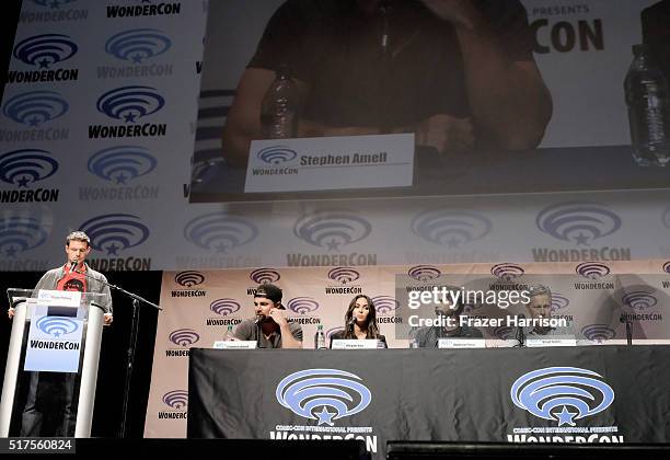 Moderator Kevin Polowy, actors Stephen Amell, Megan Fox, producers Andrew Form and Brad Fuller attend a panel at WonderCon 2016 to promote the...