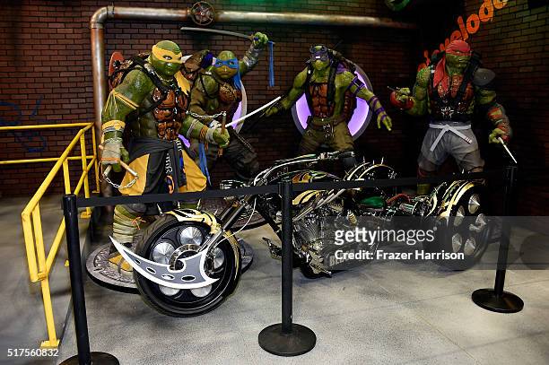 Displays are shown during an autograph signing at WonderCon 2016 to promote the upcoming release of Paramount Pictures' Teenage Mutant Ninja Turtles...