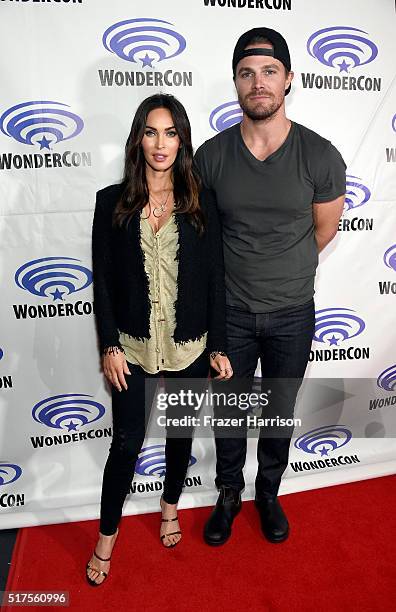 Actress Megan Fox and Stephen Amell attend a panel at WonderCon 2016 to promote the upcoming release of Paramount Pictures' Teenage Mutant Ninja...