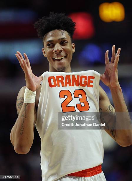 Malachi Richardson of the Syracuse Orange reacts to their 63 to 60 win against the Gonzaga Bulldogs during the 2016 NCAA Men's Basketball Tournament...