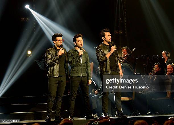 Italian pop trio Il Volo Piero Barone, Gianluca Ginoble and Ignazio Boschetto perform at the Pearl at Palms Casino Resort on March 25, 2016 in Las...