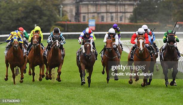 Mark Zahra riding Ungrateful Ellen winning Race 6 during Melbourne Racing at Caulfield Racecourse on March 26, 2016 in Melbourne, Australia.