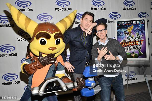 Costumed character of "Ratchet", David Kaye and James Arnold Taylor attend the "Ratchet and Clank" panel at WonderCon 2016 at Los Angeles Convention...