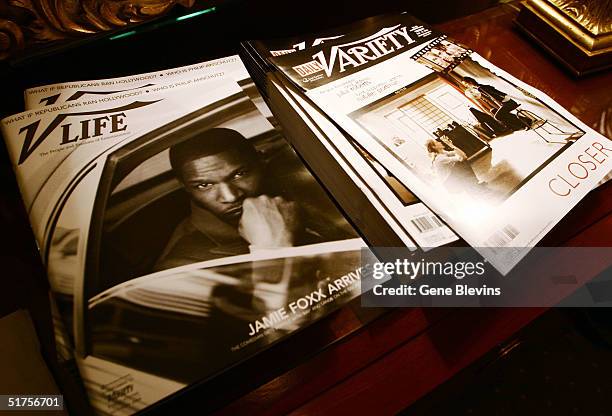 Magazines lie on a table the Variety Magazine's "Women In Showbiz" at the Beverly Hills Hotel on November 16, 2004 in Beverly Hills California.