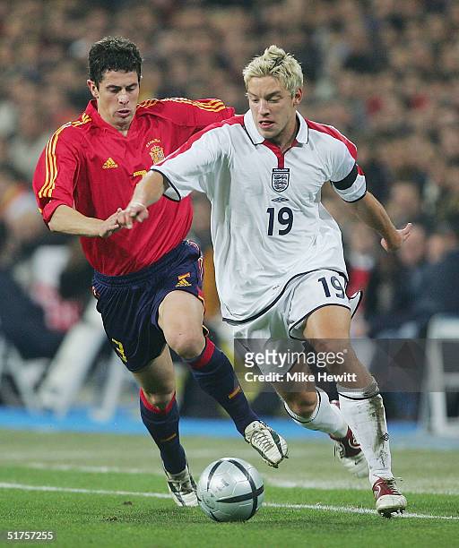 Alan Smith of England gets past Del Horno of Spain during the International Friendly match between Spain and England on August 17, 2004 at the...