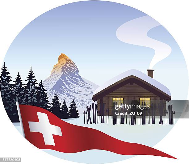 ski-kabine mit matterhorn und schweizer wimpel - hütte stock-grafiken, -clipart, -cartoons und -symbole