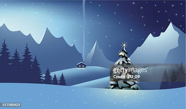 berglandschaft in der weihnachtszeit - landschaftspanorama stock-grafiken, -clipart, -cartoons und -symbole