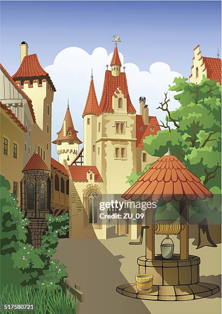 ilustraciones, imágenes clip art, dibujos animados e iconos de stock de farytale castillo - fountain courtyard