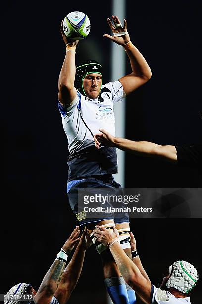 Adam Coleman of the Force wins lineout ball during the round five Super Rugby match between the Chiefs and the Western Force at FMG Stadium on March...