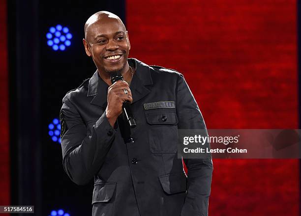 Dave Chappelle performs to a sold out crowd onstage at the Hollywood Palladium on March 25, 2016 in Los Angeles, California.