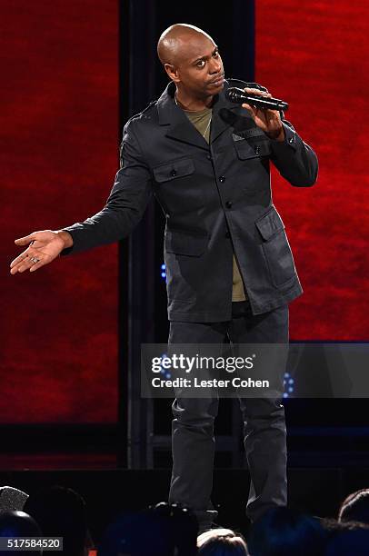 Dave Chappelle performs to a sold out crowd onstage at the Hollywood Palladium on March 25, 2016 in Los Angeles, California.