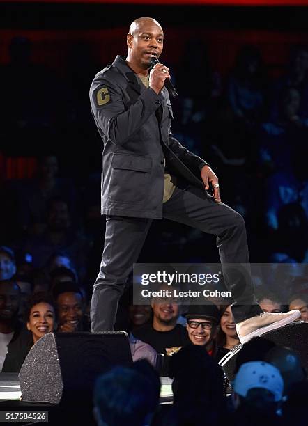 Dave Chappelle performs to a sold out crowd onstage at the Hollywood Palladium on March 25, 2016 in Los Angeles, California.