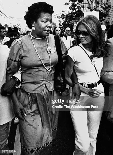 Maya Angelou and Gloria Steinem on their way to the March on Washington on August 27, 1983 in Washington, DC.