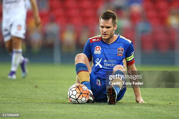 Nigel Boogaard of the Jets during the round 25 A-League match between the Newcastle Jets and the Perth Glory at Hunter Stadium on March 26, 2016 in...