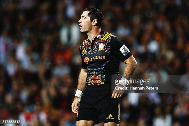 Stephen Donald of the Chiefs looks on during the round five Super Rugby match between the Chiefs and the Western Force at FMG Stadium on March 26,...